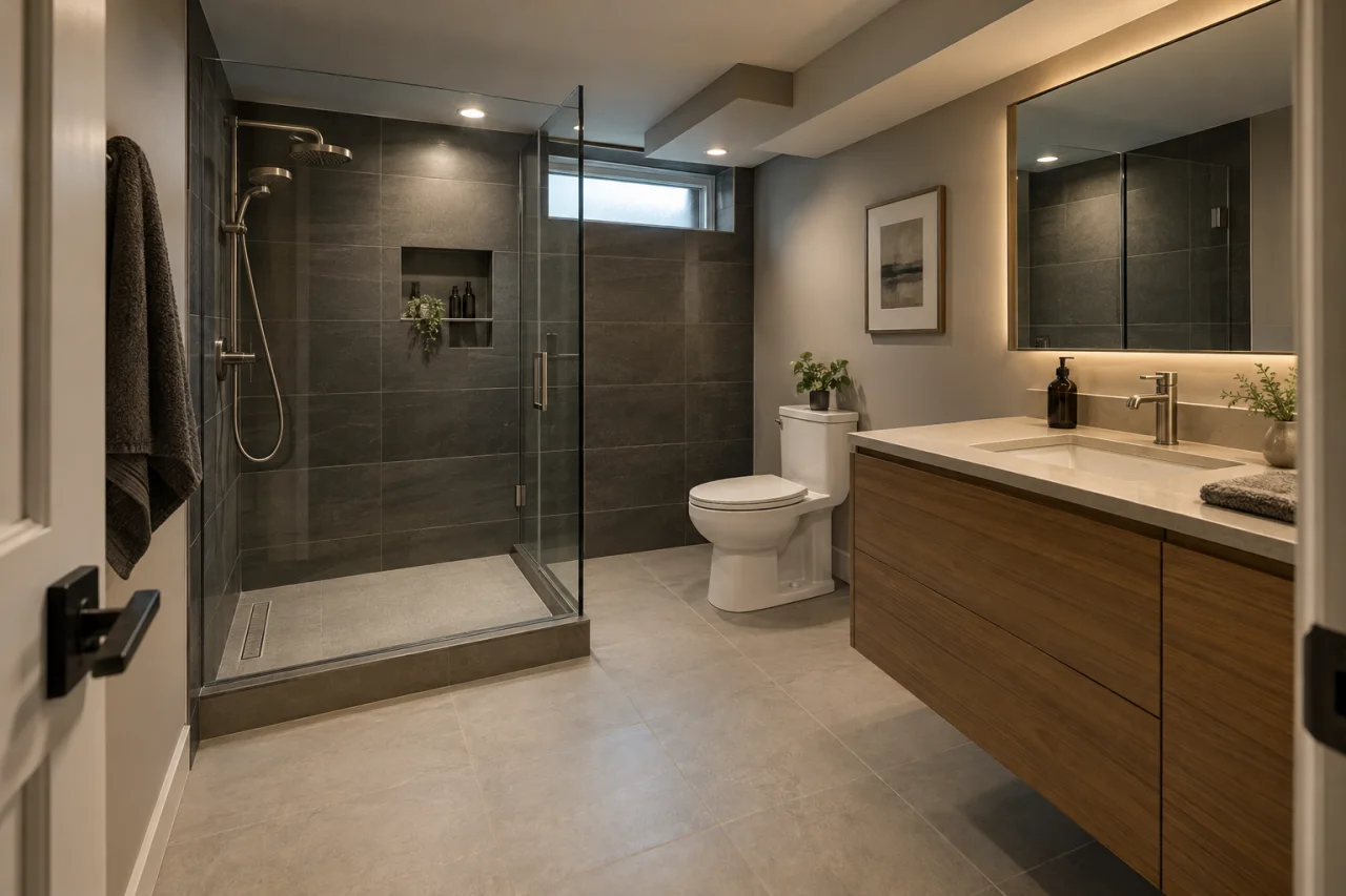 Compact basement bathroom with a walk-in shower, floating vanity, and charcoal finishes.