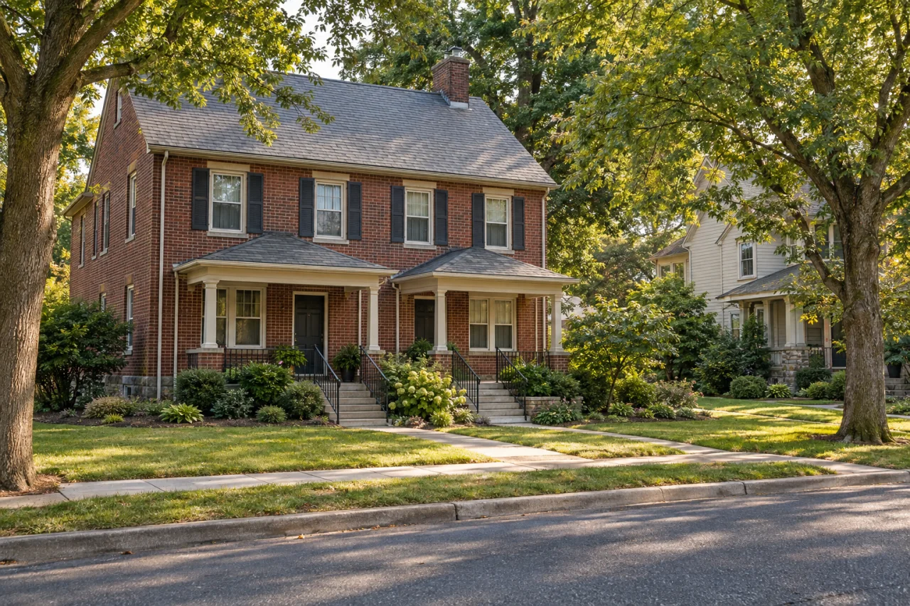 A brick residence with two covered entries beside a neighboring home and leafy street.