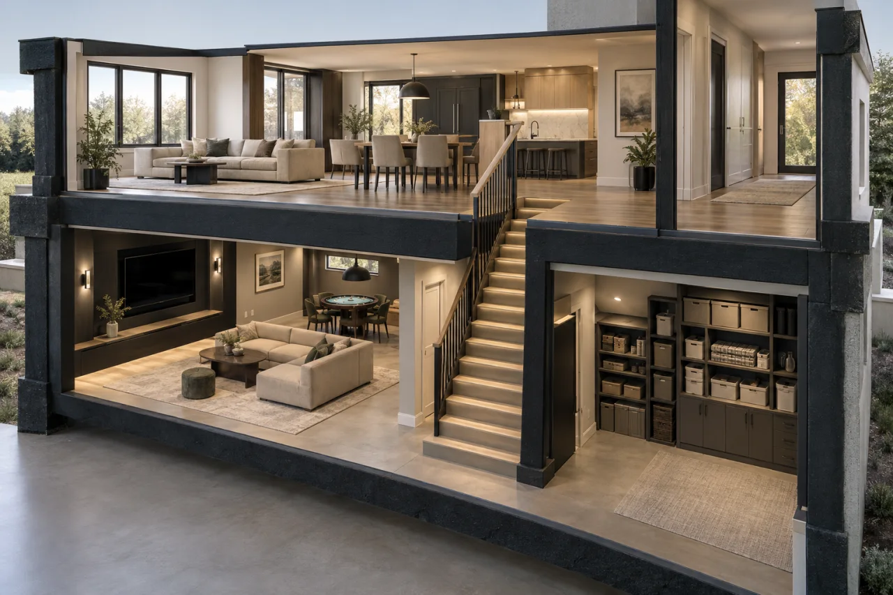 Architectural concept of a lower-level living area with stairs and separate recreation and storage zones.