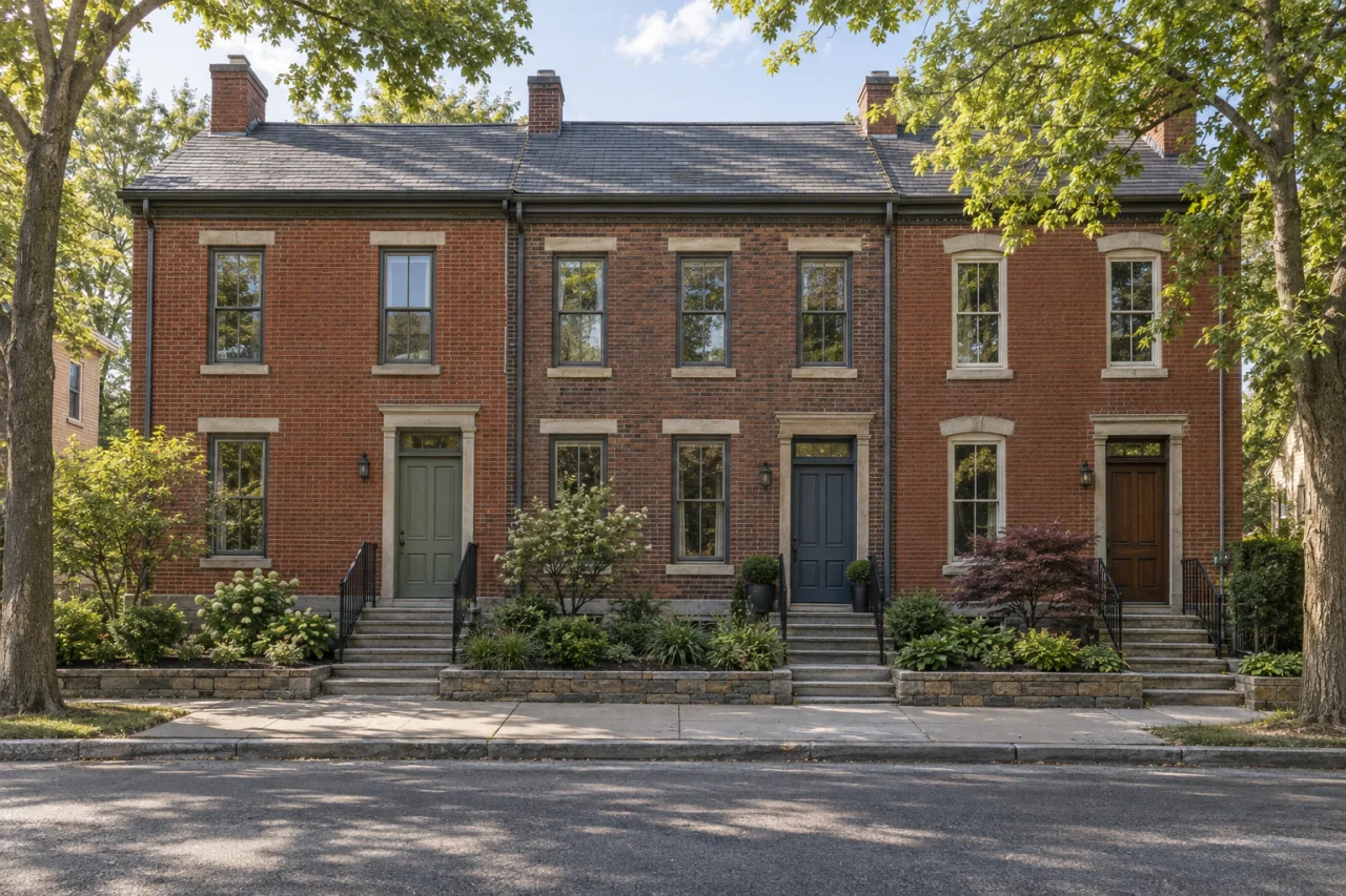 Brick rowhomes on a tree-lined Easton street