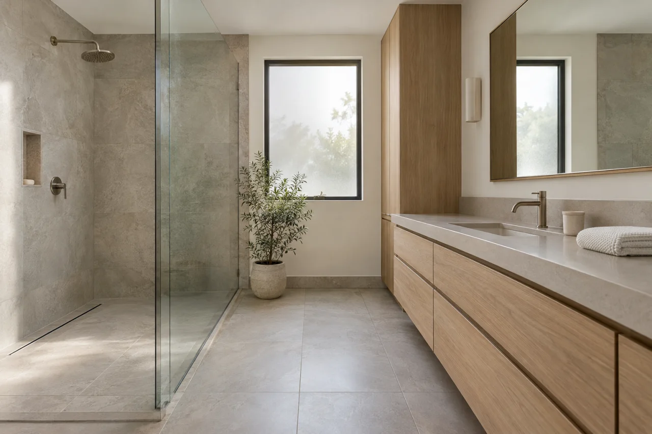 Bathroom interior with a walk-in shower, neutral tile, and a vanity with drawer storage.