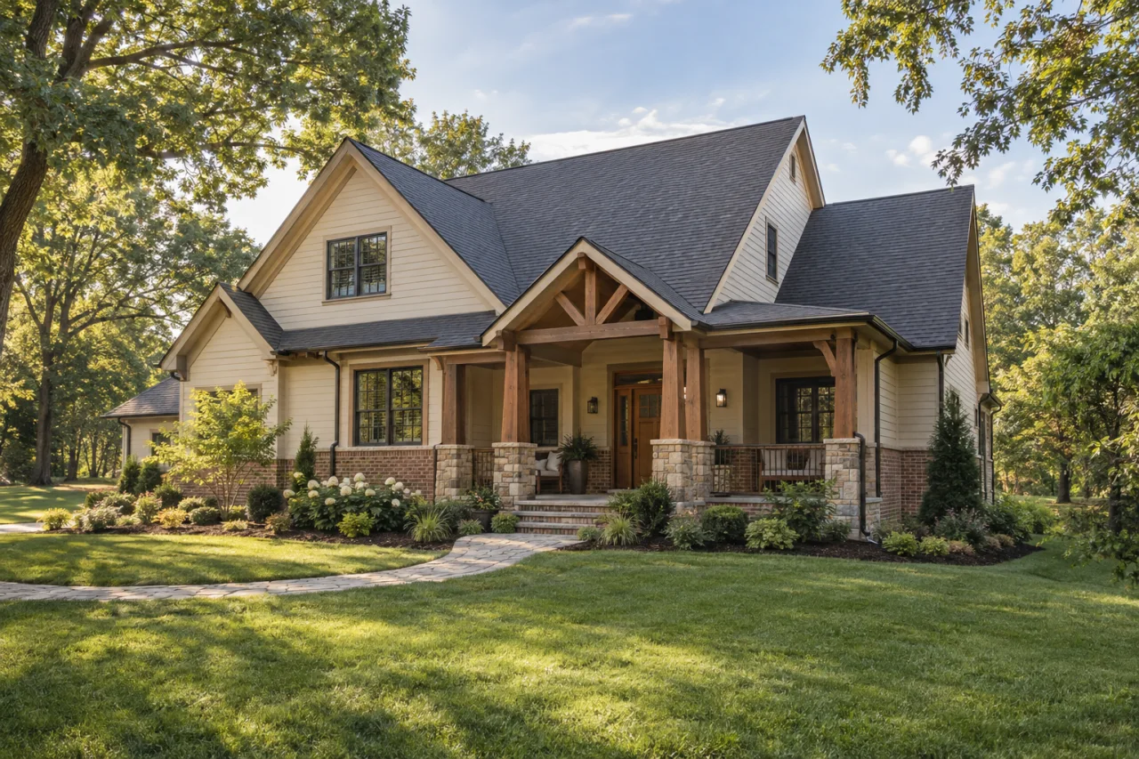 A cream-sided craftsman home with a covered porch and landscaped lawn.