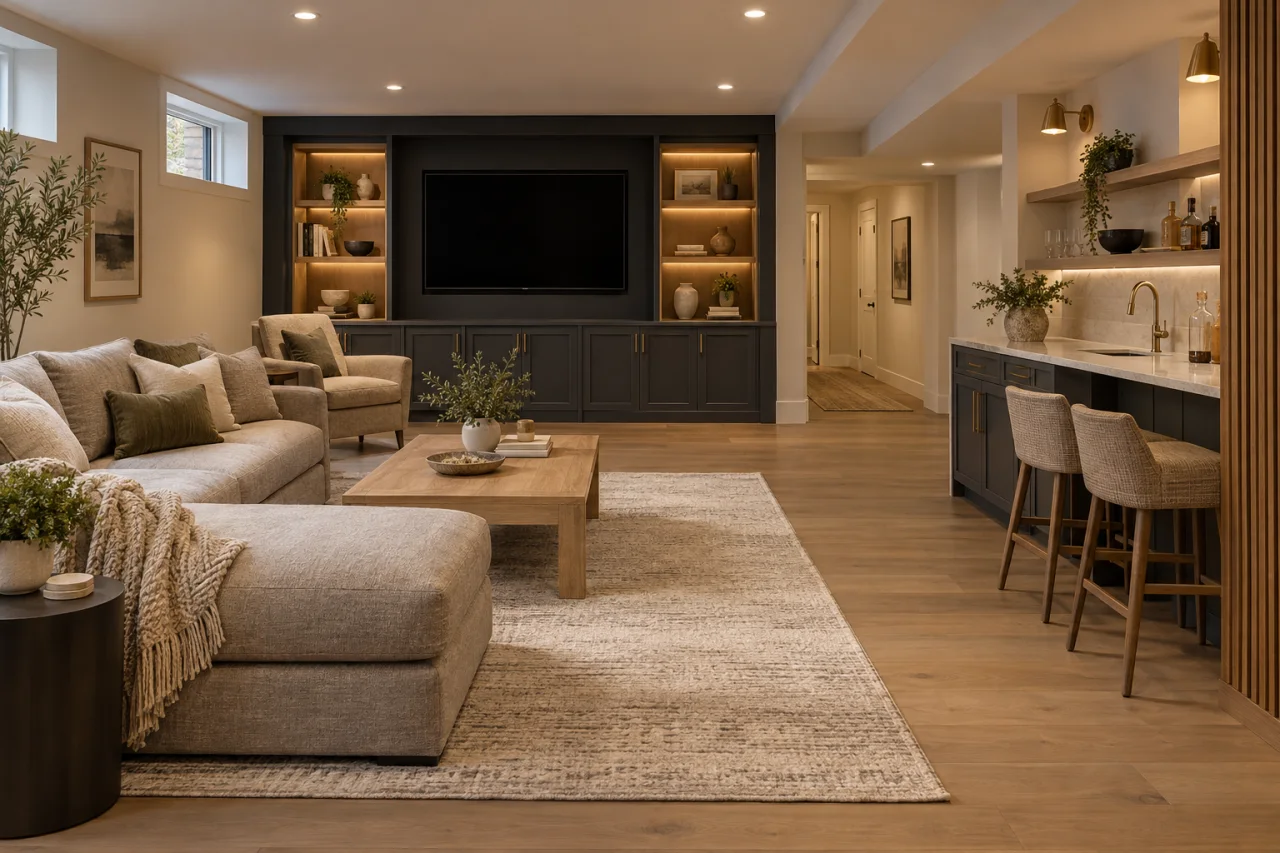 Finished basement interior with seating, built-in entertainment cabinetry and a bar area.