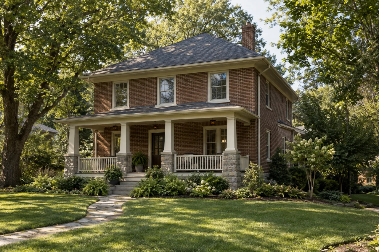 A detached brick home with a covered porch and gently sloping front garden.