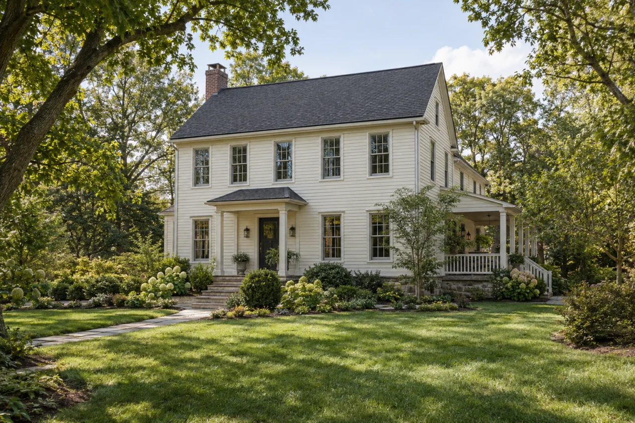 A pale clapboard home with a side porch, dark roof and mature garden.