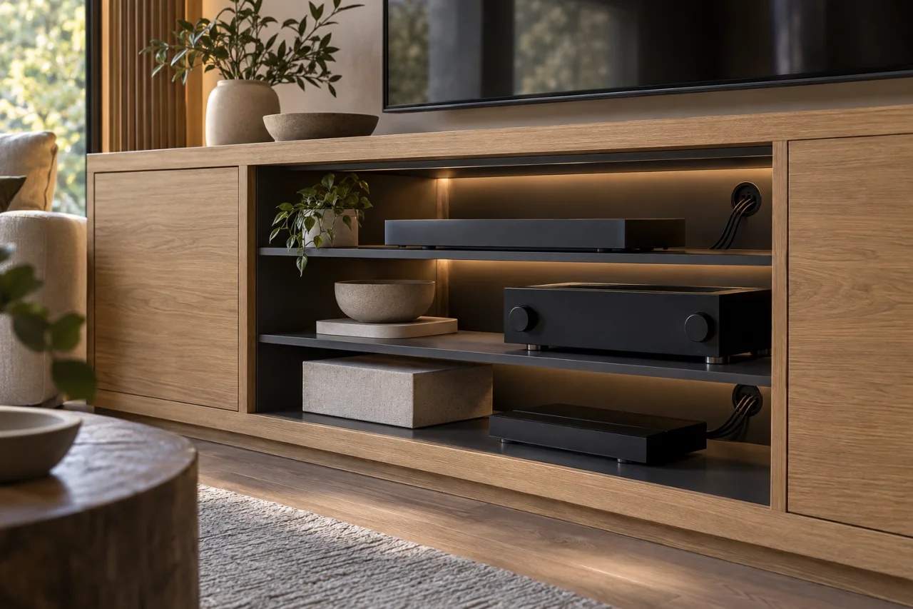 Built-in basement shelving with warm lighting