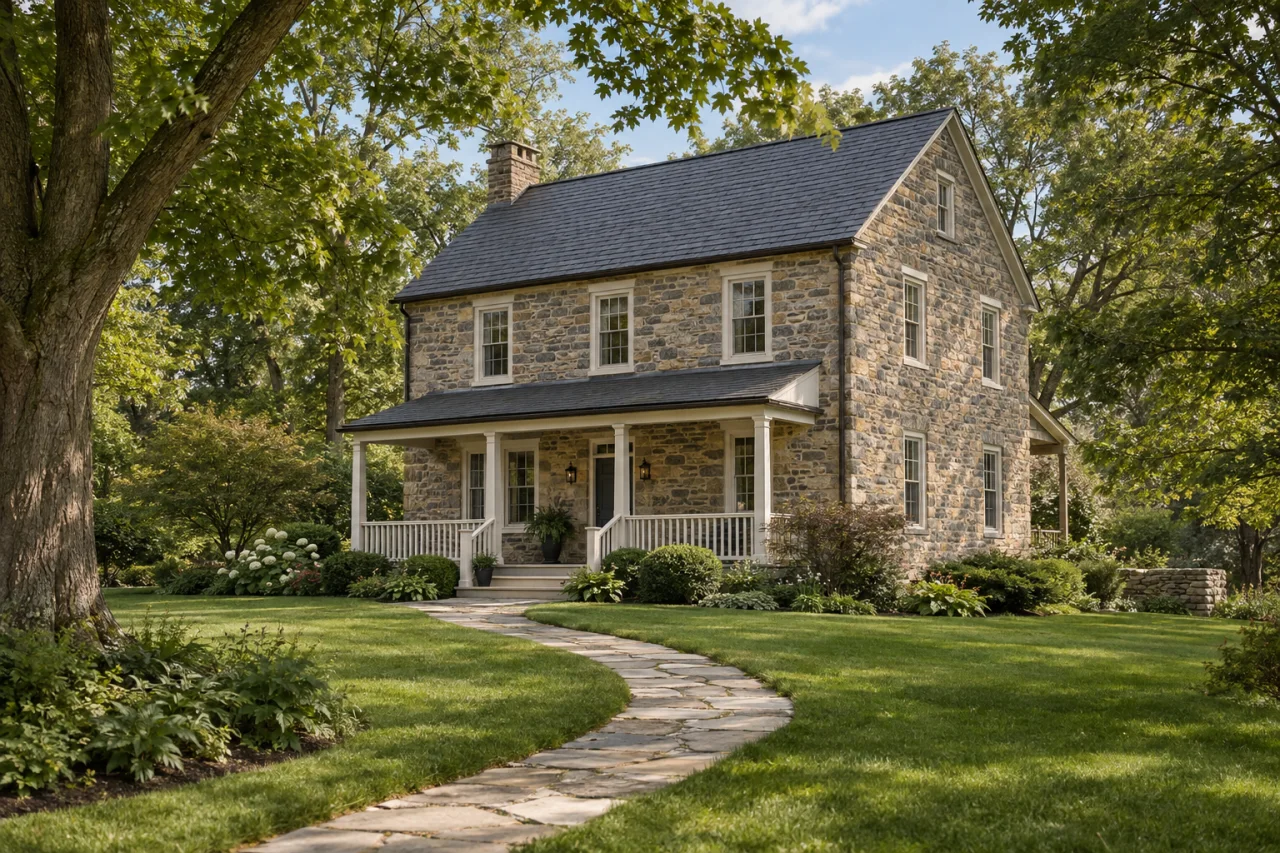 A stone residence with white-trimmed windows, mature trees and a garden path.